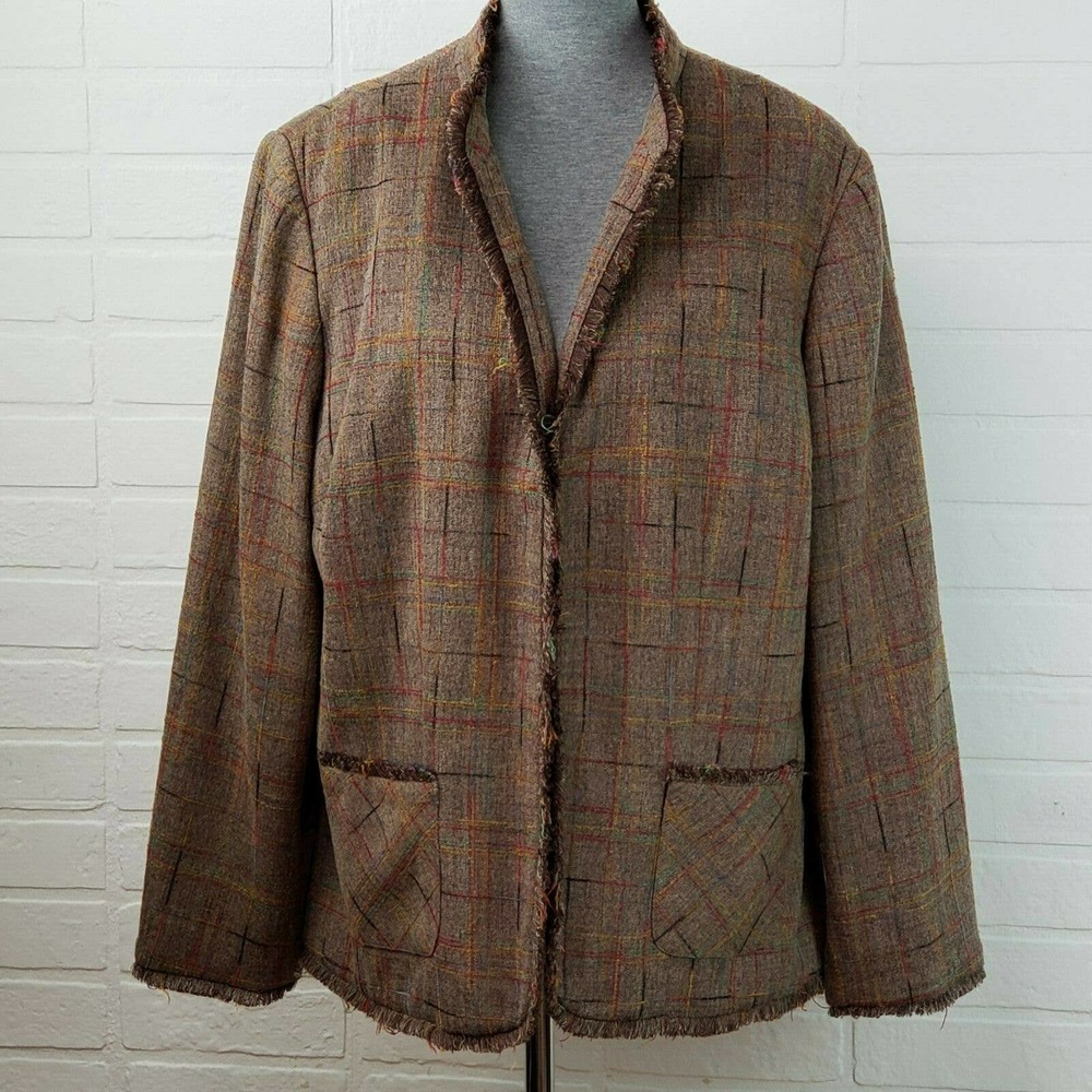Sag Harbor Woman Tweed Blazer Women's Size 18W Brown Plaid Fringe Detailing